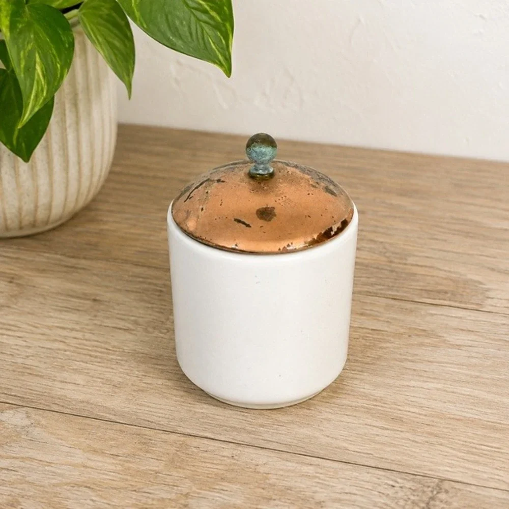 Vintage‎ White Ceramic Mini Canister Copper Lid Rustic Farmhouse Decor